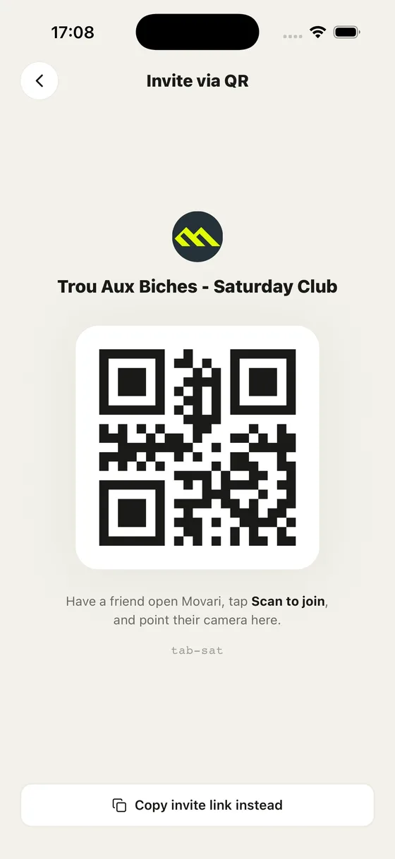 Movari Invite via QR screen with a club QR code for friends to scan and join