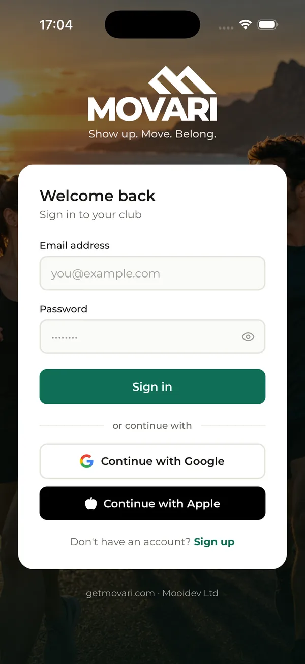 Movari sign-in screen with email and password, Continue with Google and Continue with Apple