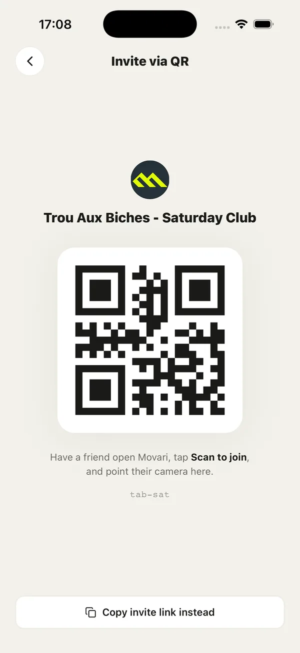 Invite via QR screen showing the club's QR code