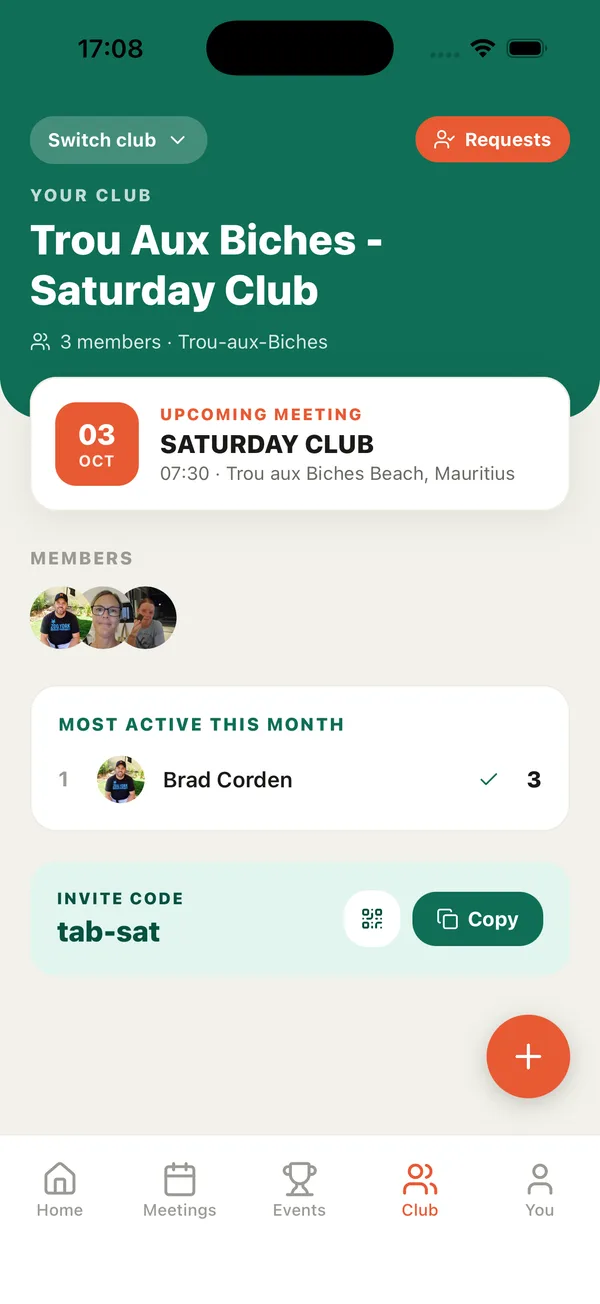 Club tab with the upcoming meeting, members, most active this month and the invite code