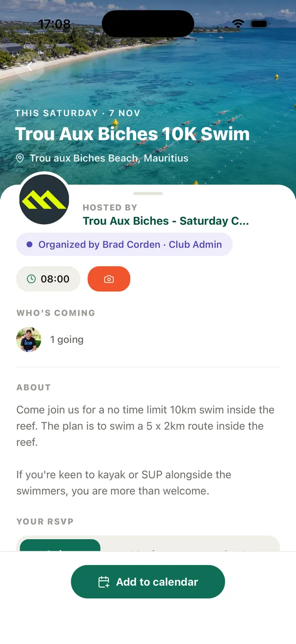 Event page with host, time, who's coming, a description and RSVP options