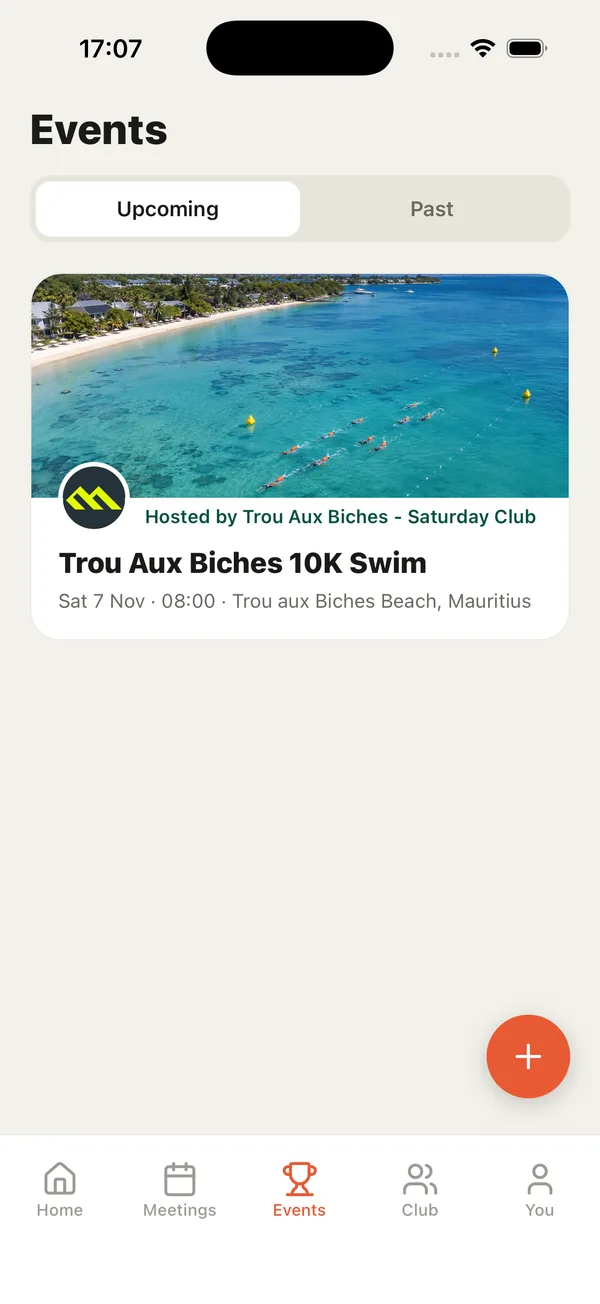 Events tab showing the Trou Aux Biches 10K Swim