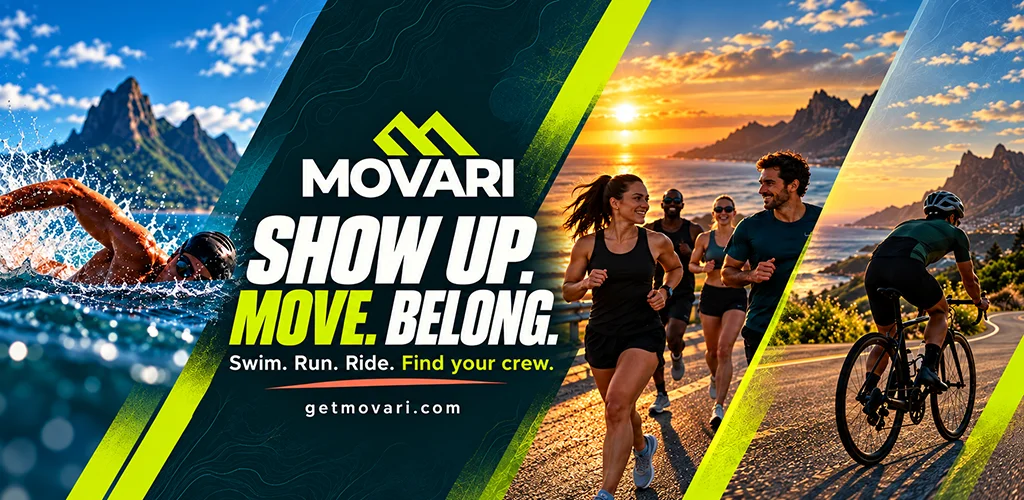Movari: Show up. Move. Belong. A swimmer, a group of runners and a cyclist along the Mauritius coast.