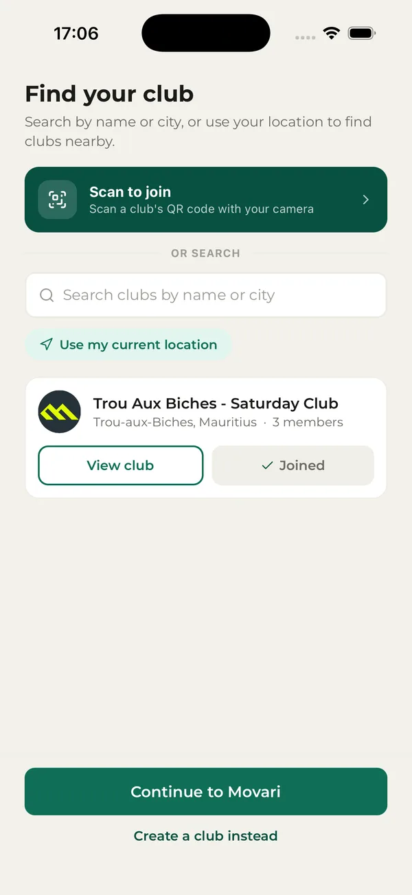 Find your club screen with Scan to join, a search box, Use my current location and a list of nearby clubs
