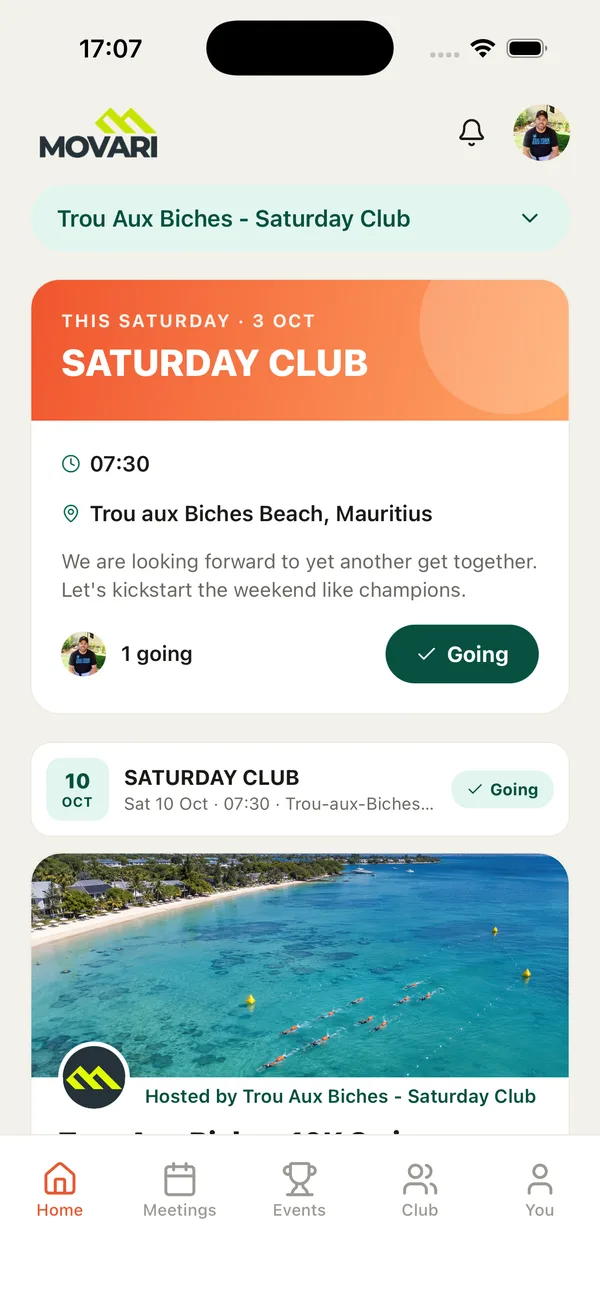 Movari Home screen showing this Saturday's club meetup with the Going button