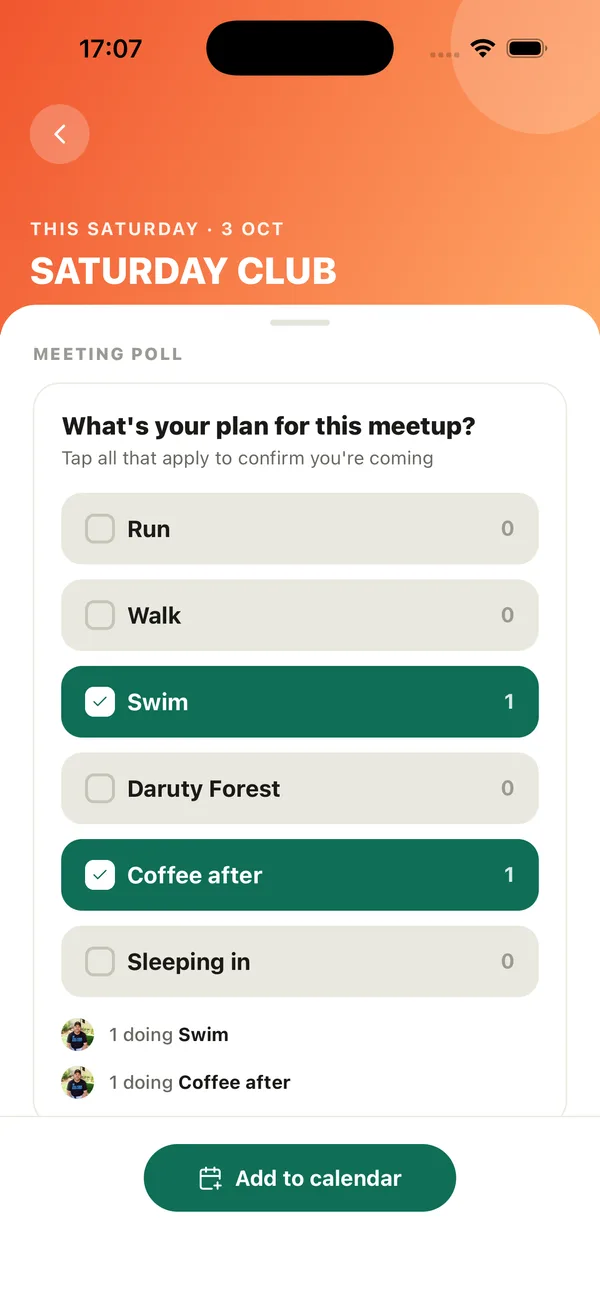 A meetup's poll asking What's your plan for this meetup, with Run, Walk, Swim and Coffee after options