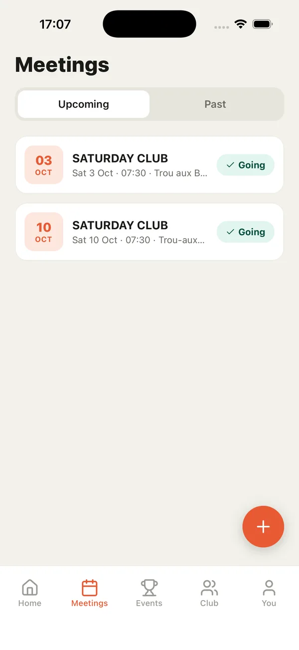 Meetings tab listing upcoming Saturday Club meetups marked Going