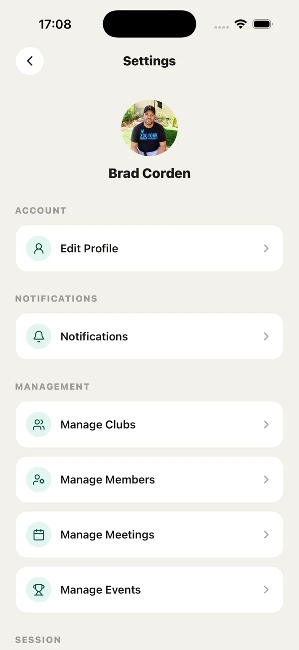 Settings screen with Edit Profile, Notifications and management options